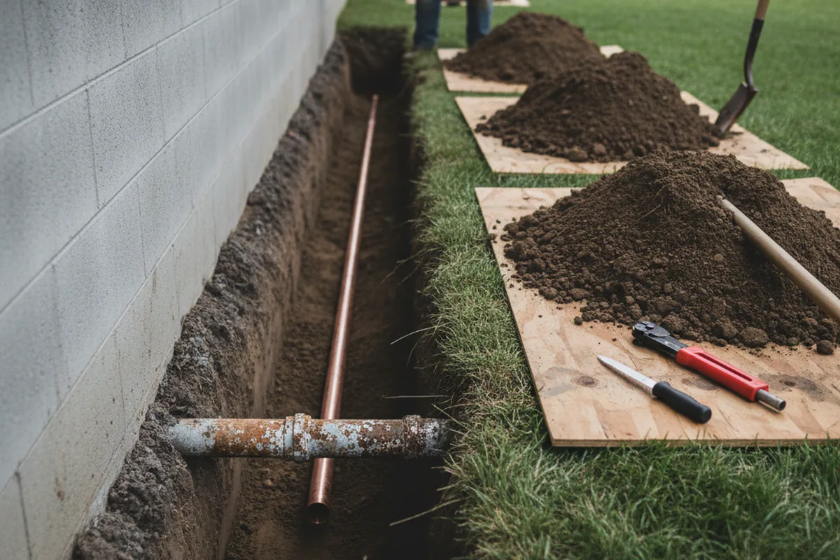 Excavated water line trench during Water Softener Installation in Nantucket